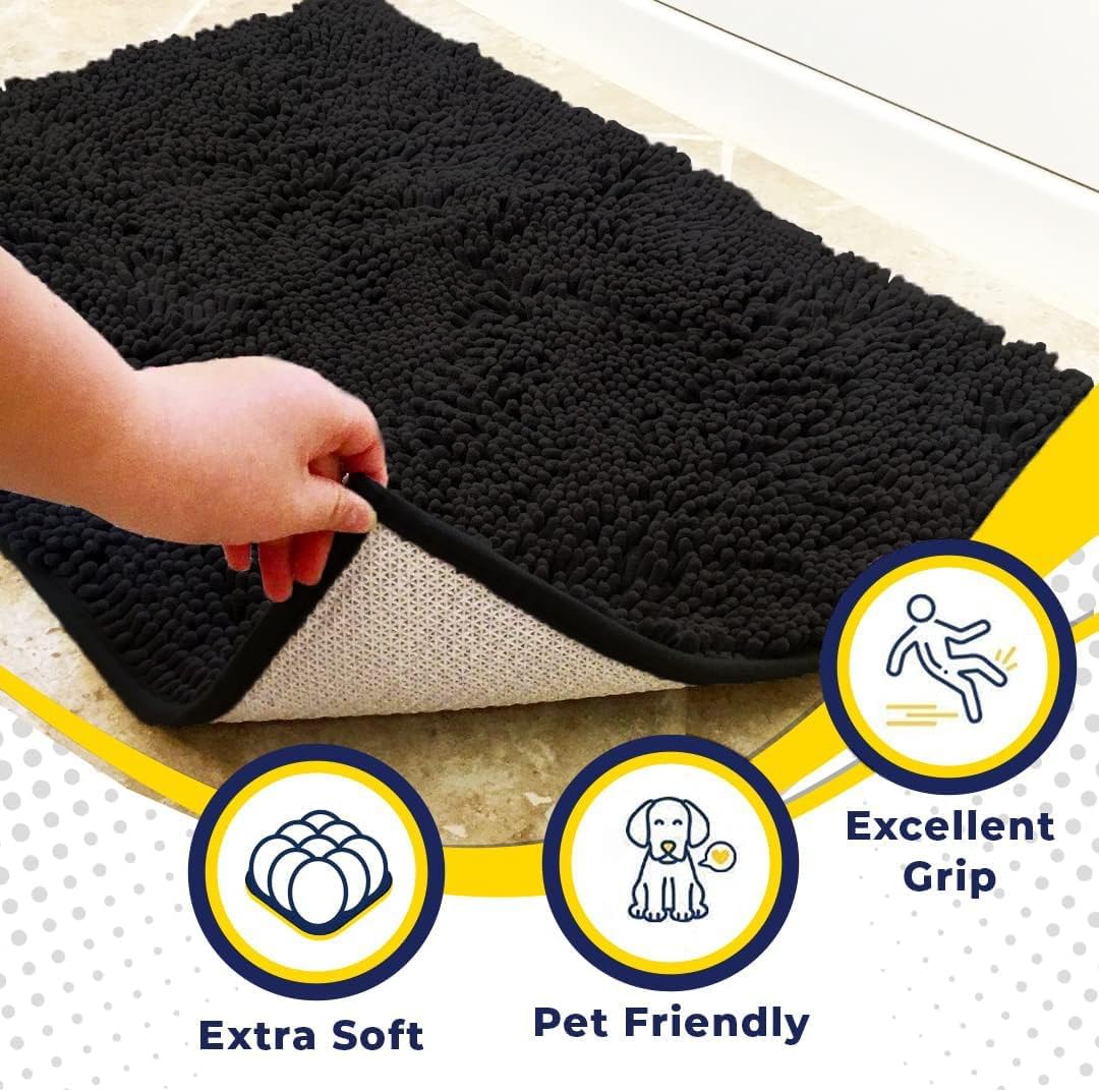 Muddy Mat® Pack of 3 Highly Absorbent Microfiber Dog Door Mat and Pet Rug, Non Slip Thick Washable Area Mat Soft Chenille for Kitchen Bathroom Bedroom and Outdoor - Black Small, Medium & Large