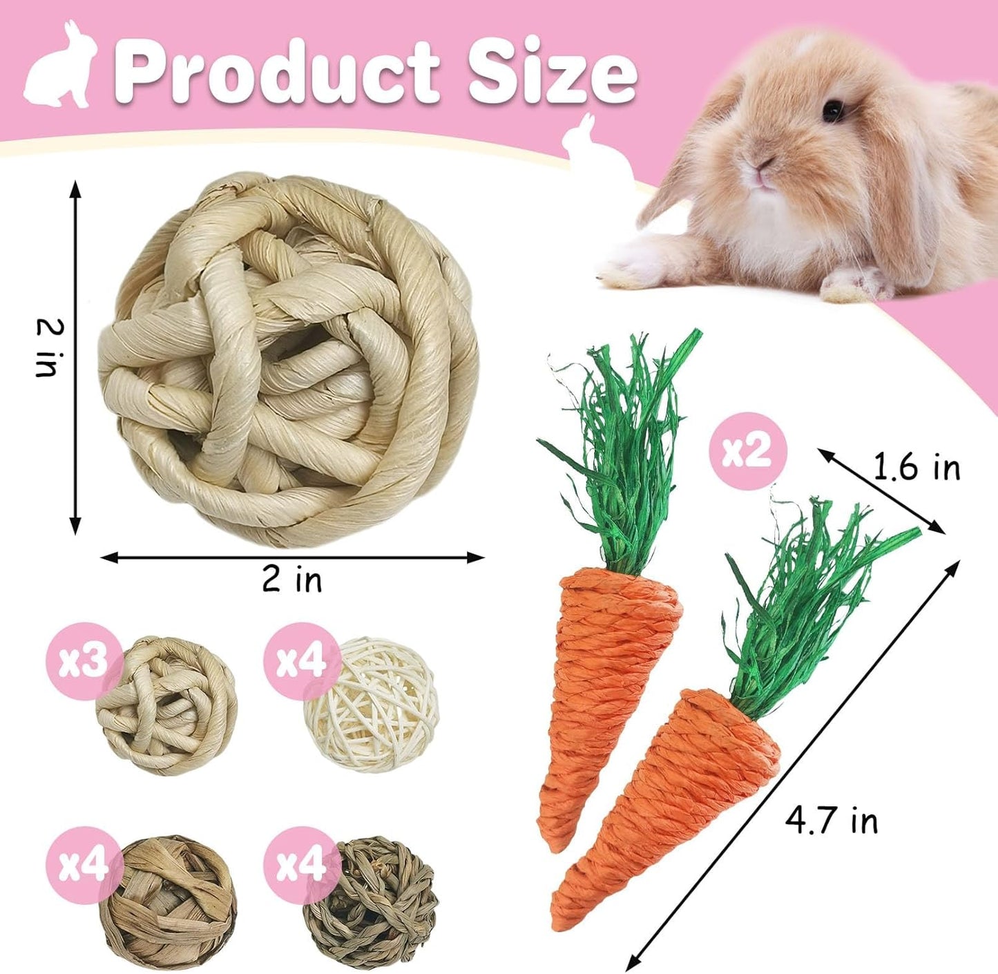 kathson 17 Pcs Natural Rabbit Chew Toys Guinea Pig Toys Small Animal Play Ball Bunny Activity Chinchilla Rolling Toy Gnawing Treats Grass Balls for Pet Rat Hamsters Gerbils Mice Cage Entertainment