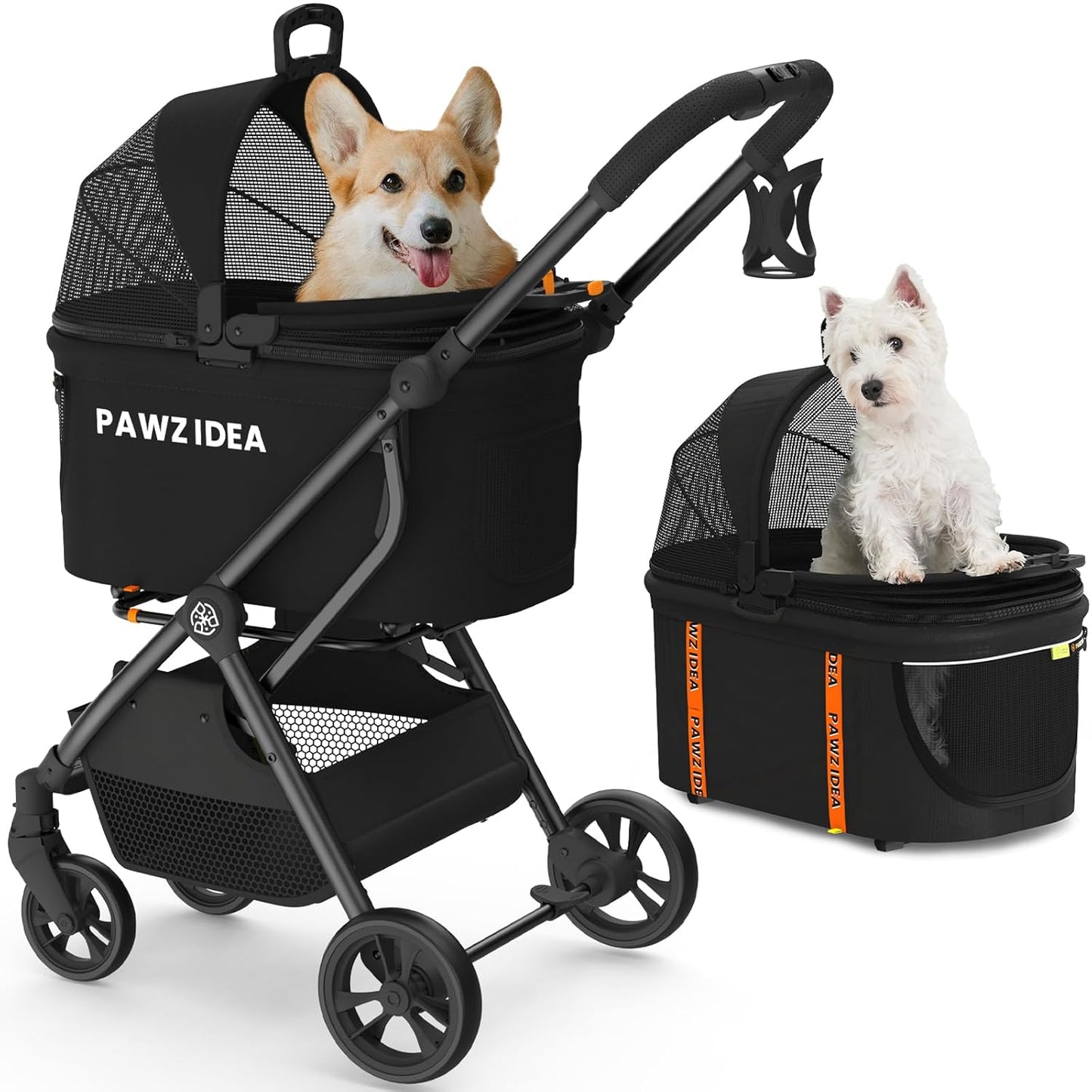 PAWZIDEA Pet Stroller 4 in 1, Cat Strollers with Detachable Carrier No-Zip Canopy, Portable Dog Crate for Car Seat Travel, Foldable & Lightweight Jogger for Small/Medium Dogs and Cats, Storage Basket