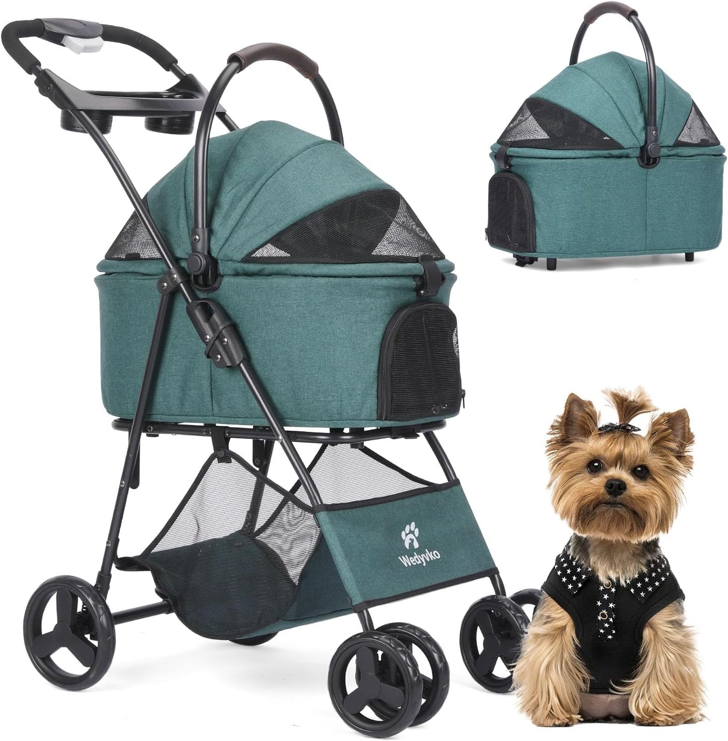 Pet Stroller, 4 Wheels Pet Strolling Cart for Medium/Small Dogs and Cats, Foldable Cat Jogger/Dog Stroller with Cup Holder, Storage Basket, Breathable Mesh, All-Season Pet Carrier (Dark Green)
