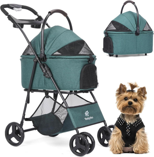 Pet Stroller, 4 Wheels Pet Strolling Cart for Medium/Small Dogs and Cats, Foldable Cat Jogger/Dog Stroller with Cup Holder, Storage Basket, Breathable Mesh, All-Season Pet Carrier (Dark Green)