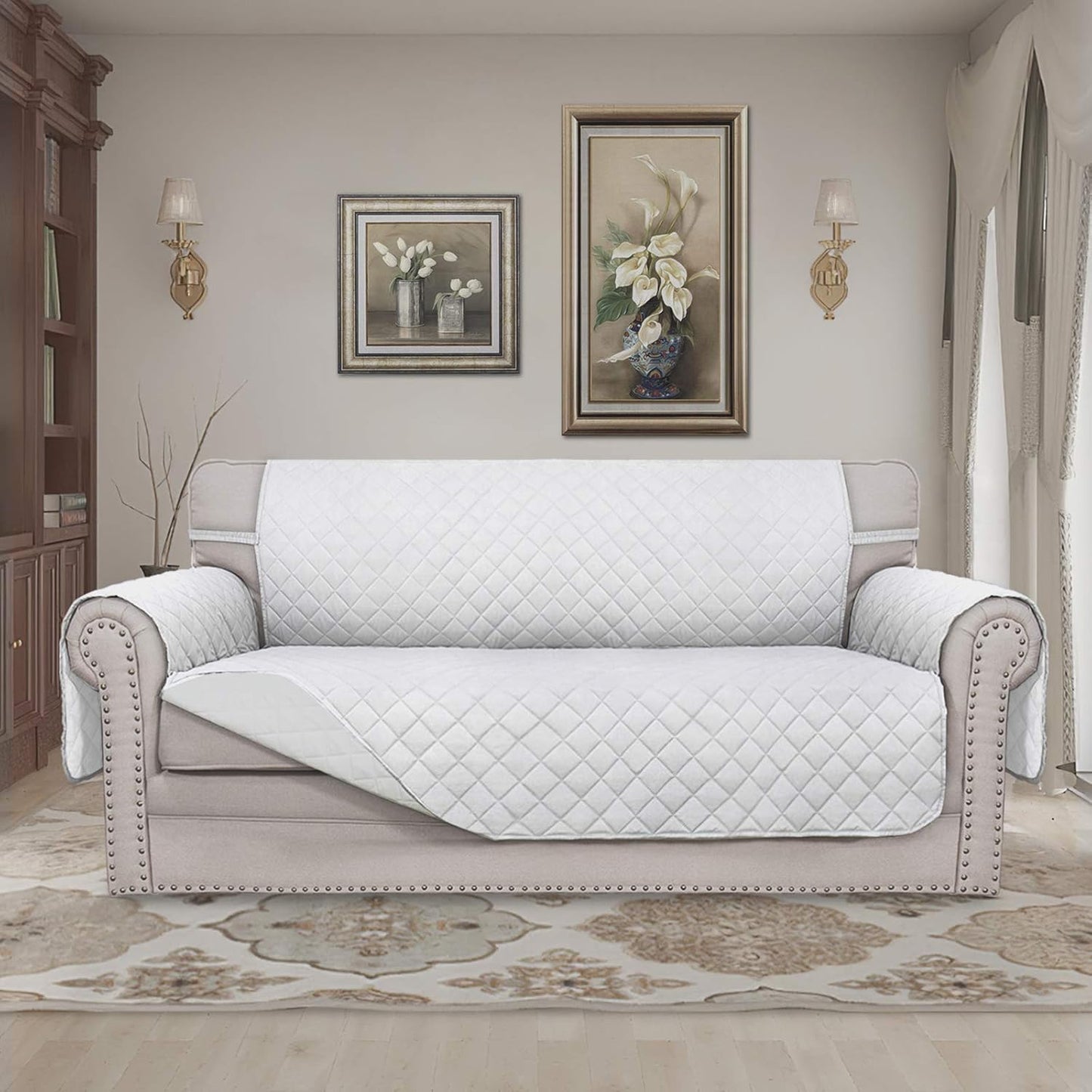 Easy-Going Sofa Slipcover Reversible Loveseat Sofa Cover Couch Cover for 2 Cushion Couch Furniture Protector with Elastic Straps for Pets Kids Dog Cat (Oversized Loveseat, White/White)