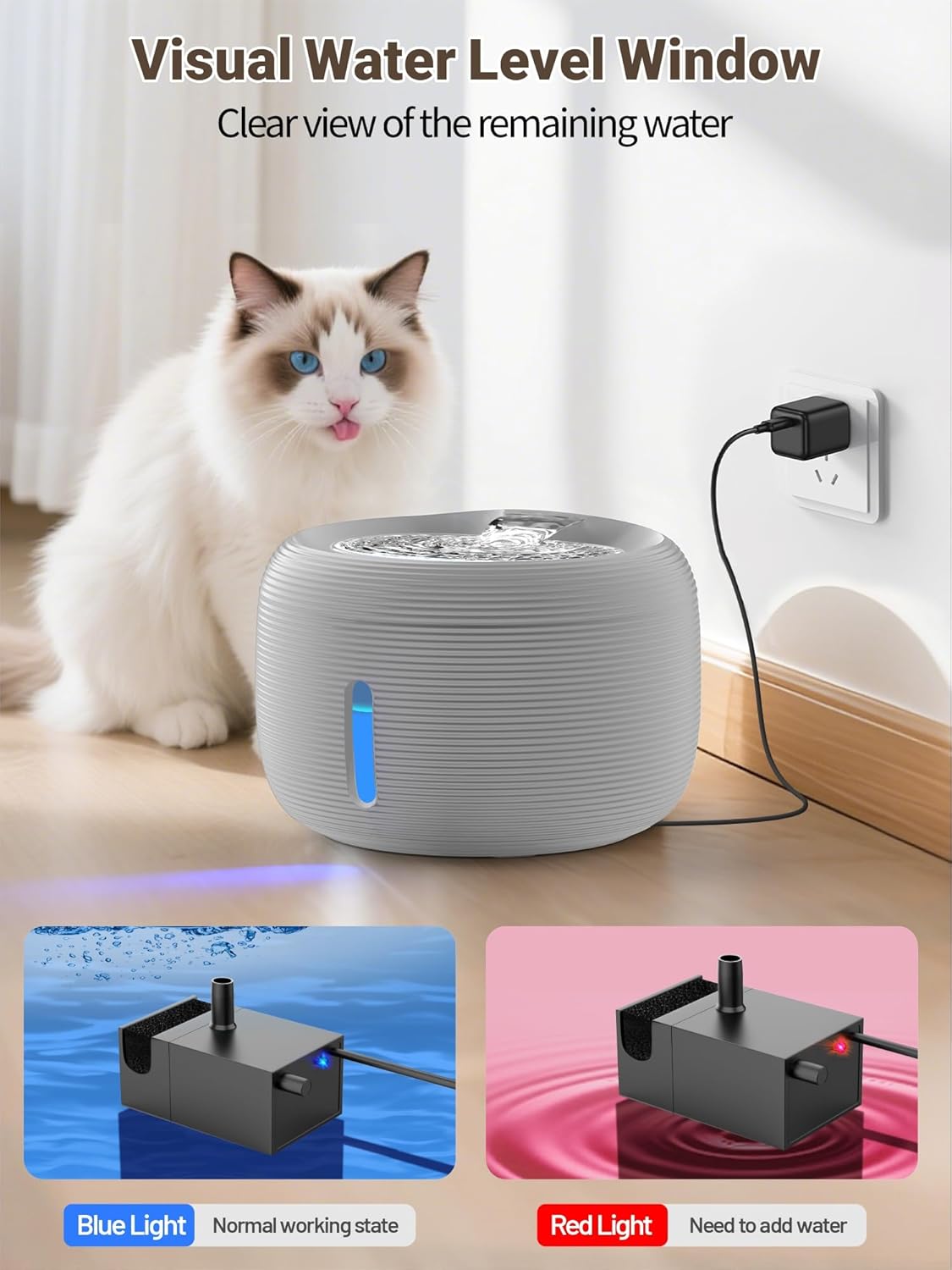 SIBAYS 3.5L/118oz Large Capacity Cat Water Fountain, Automatic Quiet Pet Water Fountain for Cats Indoor Cat Drinking Fountain, Dog Water Bowl Dispenser with LED Light & Water Level Window(FS77, Grey)