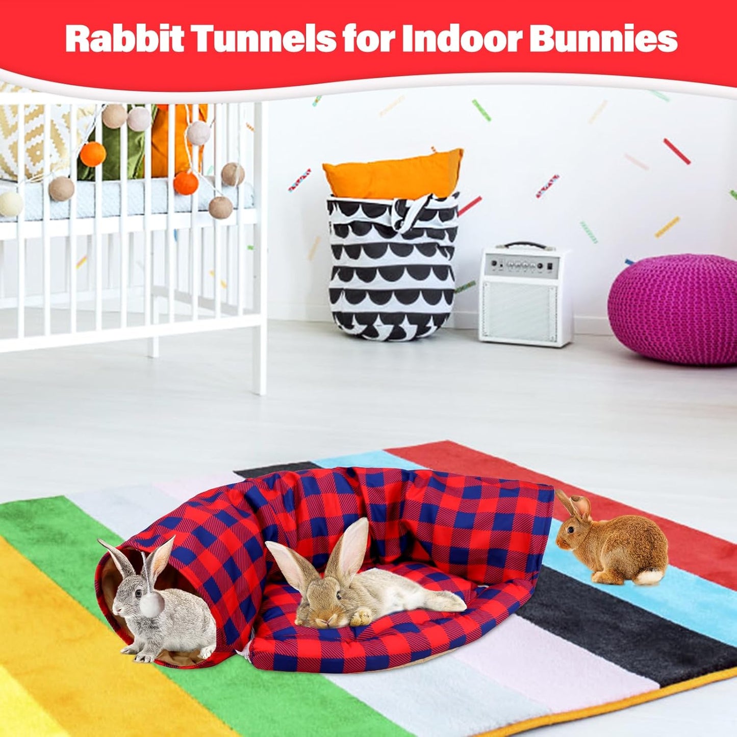 BWOGUE Bunny Tunnel Bed, 2-in-1 Collapsible Tunnel Tubes Toys with Removable Mat Hideout for Cats Kittens Rabbits Guinea Pigs Kitty (RedPlaid)