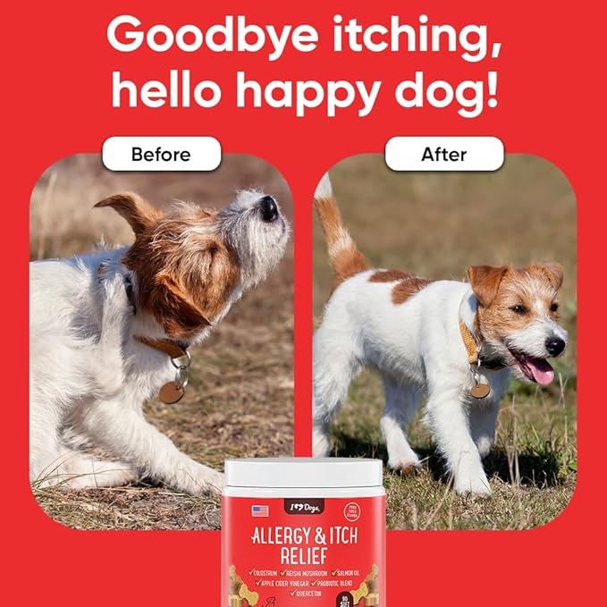 iHeartDogs Allergy & Itch Relief for Dogs with Salmon Oil, Quercetin, Colostrum, Antioxidants and Probiotics - 90 Count