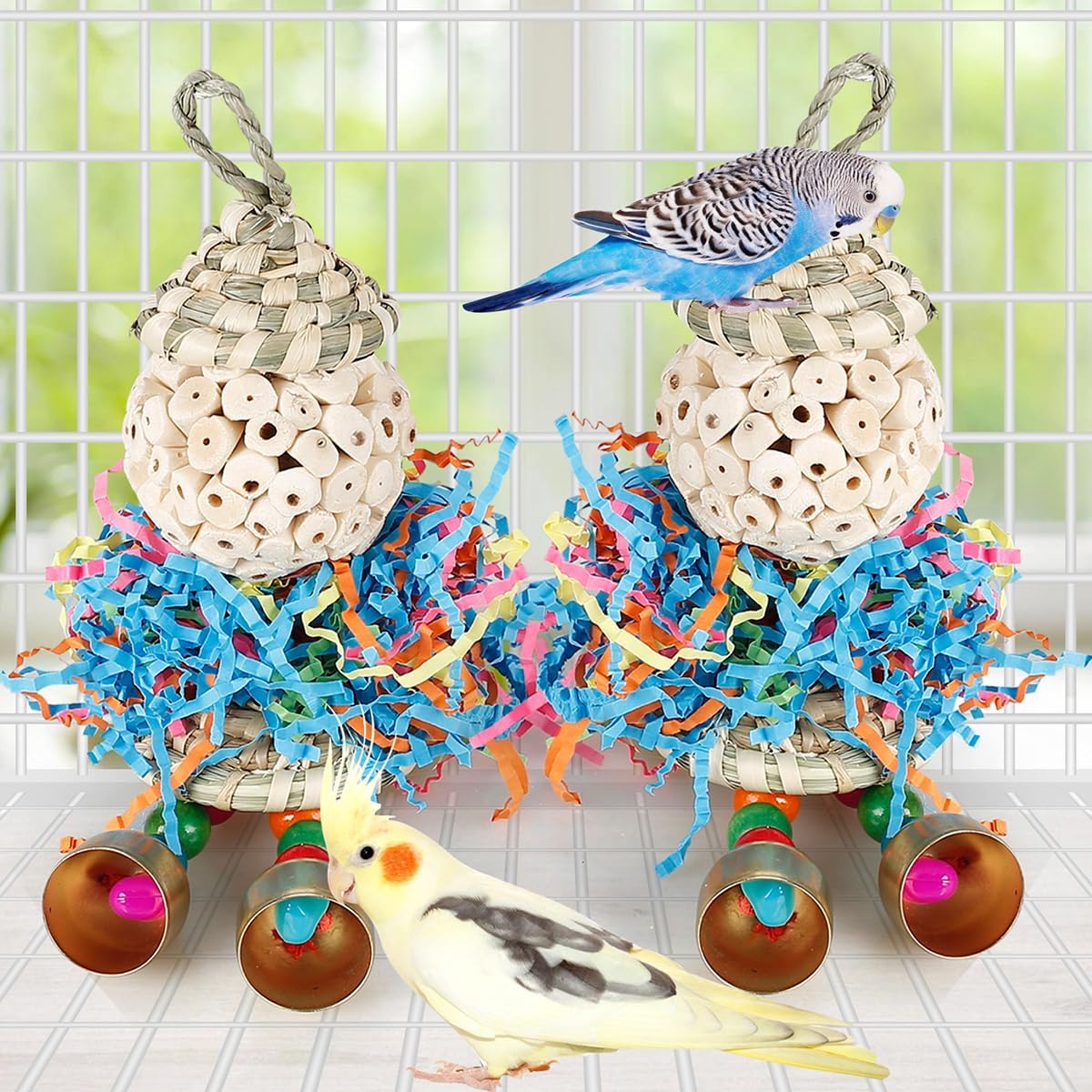 Conure Toys,2PCS Bird Toy Parrot Foraging Shredder Hanging Toys Sola Balls with Bell for Small Parrots Parakeets Cockatiel Conures Love Birds Budgie Cage Toy