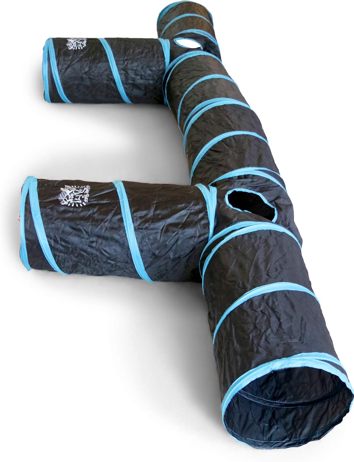 Feline Ruff Premium 3 Way Cat Tunnel. Extra Large 12 Inch Diameter and Extra Long. A Big Collapsible Play Toy. Wide Pet Tunnel Tube for Other Pets Too! (3 Way Two Pack + Teaser Wand!)