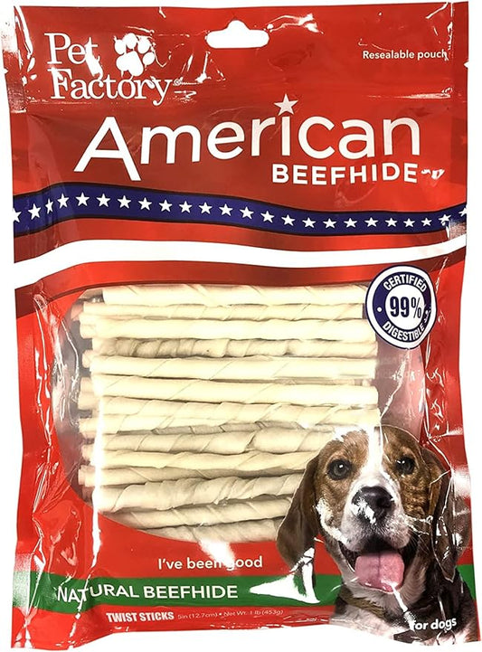 Pet Factory American Beefhide 5" Twist Sticks Dog Chew Treats - Natural Flavor, 1 lb