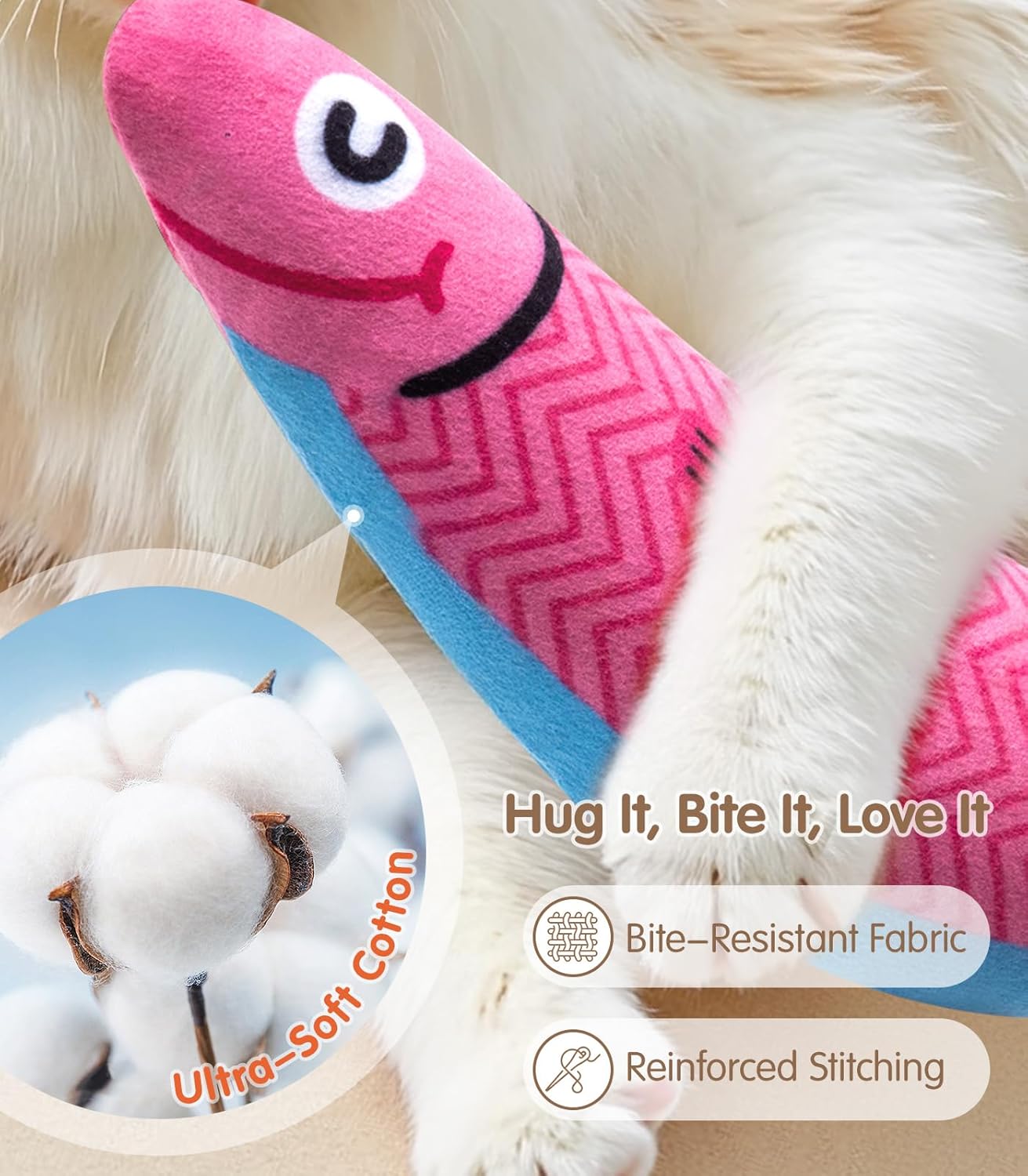 Interactive Cat Toys with [5000mg A+ Organic Catnip] [Baby Grade] Soft Chew Kicker Cat Toys for Indoor Cats & Kittens,Crinkle &Rattle Fish Sound Toy,Drives Bored Cats Crazy with Fun,2 Pack