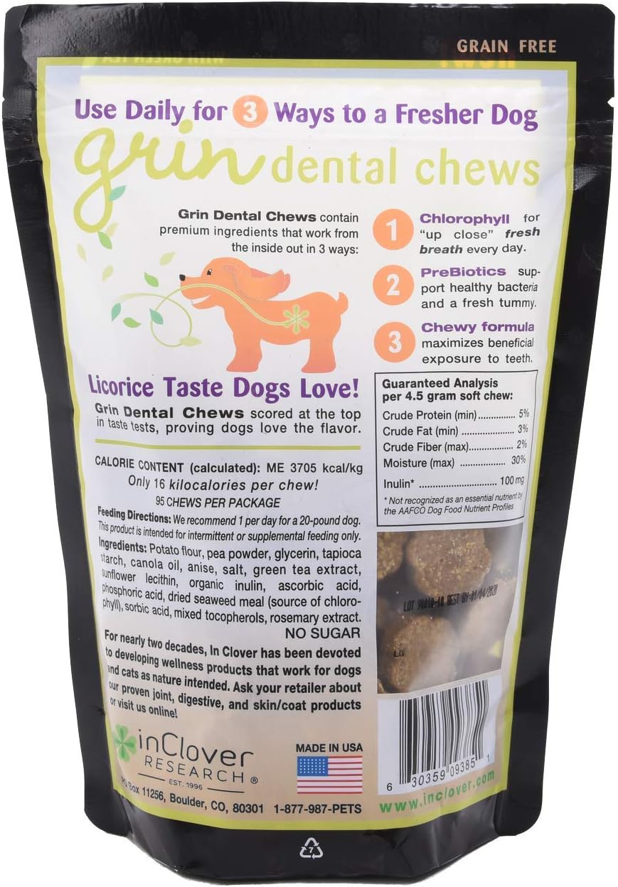In Clover Grin Daily Dental Care Chews for Dogs, Grain Free Formula for Clean Teeth and Fresh Breath, Scientifically Formulated, Stop Plaque and Tartar with Antibacterials and Prebiotics, 4oz/25ct
