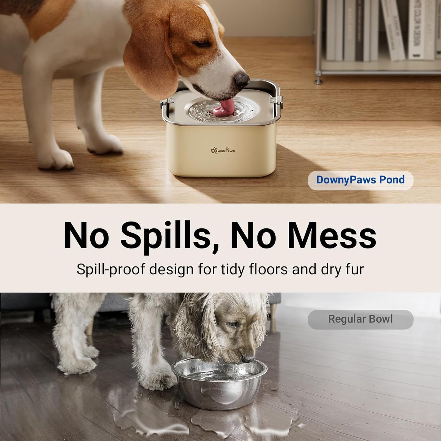 DownyPaws No Spill Water Bowl for Dogs,101oz/3L Slobber Stopper Stainless Steel, Slow Drinking Dog Water Bowl, No Mess Dog Water Dispenser Spill Proof, Dishwasher Safe, Beige