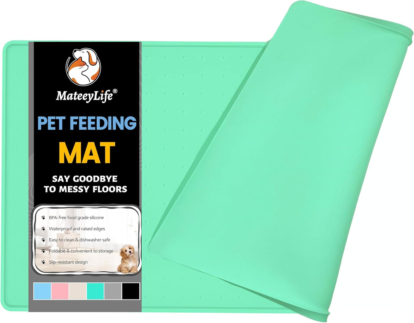 MateeyLife Dog & Cat Food Mat - Waterproof, Nonslip Dog Bowl Mats with Raised Edges, Silicone Matt Tray for Messy Drinkers, 22"x14", MintGreen
