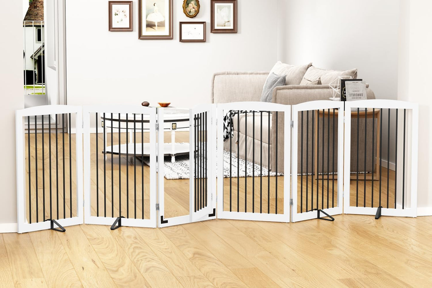 Freestanding Pet Gate with Door, Tall Dog Gate for House, Extra Wide, Pet Puppy Safety Fence, Support Feet Included, 120 Inch Wide, 6 Panels 32" Tall, White & Black