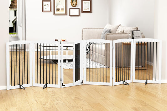 Freestanding Pet Gate with Door, Tall Dog Gate for House, Extra Wide, Pet Puppy Safety Fence, Support Feet Included, 120 Inch Wide, 6 Panels 32" Tall, White & Black