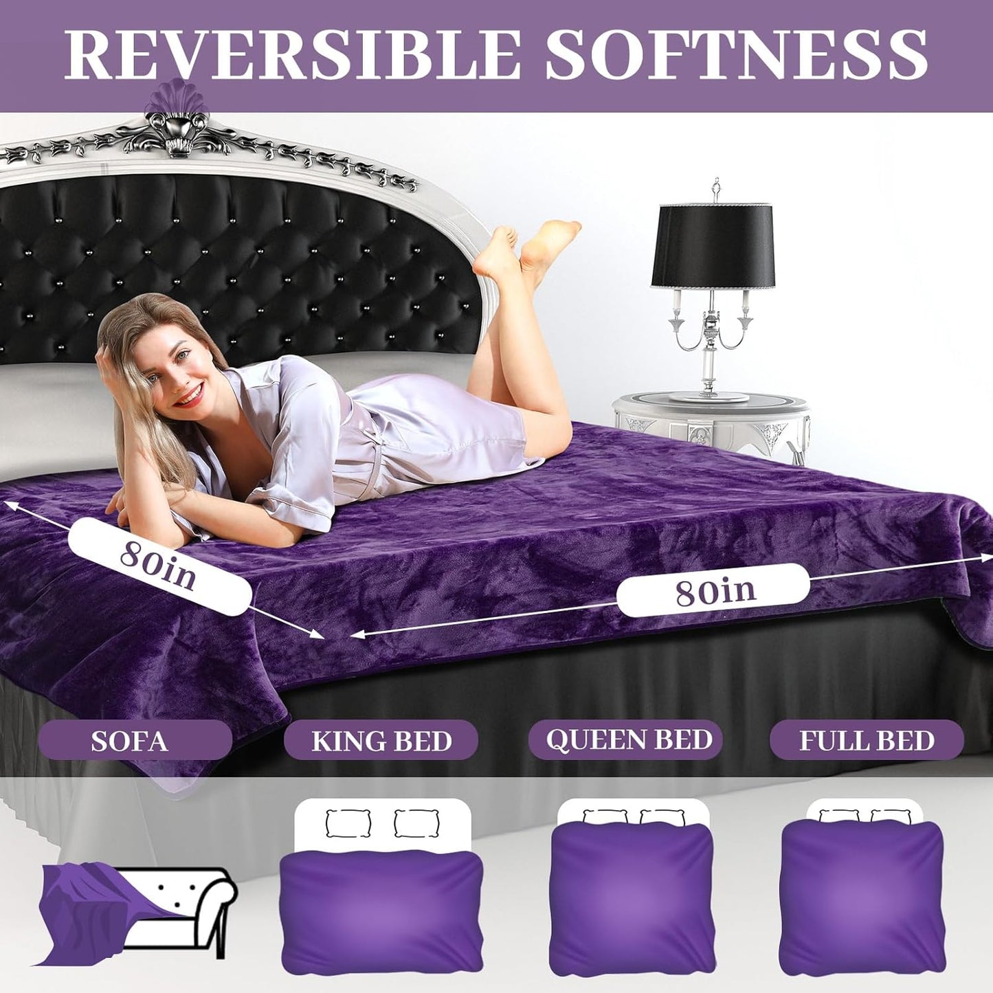 Love Purple Waterproof Bed Blanket, Queen Size 80'' x 80'' Double Side Leakproof Reversible Sherpa Flannel Fleece 3 Layer Lightweight Blanket, Absorbs 70oz