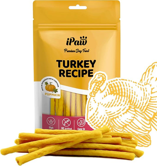 iPaw Turkey Dog Treats, All Natural Human Grade Dog Treat, Suitable for Training chew, US Sourced Raw Material, Hypoallergenic, Rawhide Alternative, Thin Stick (Pumpkin)