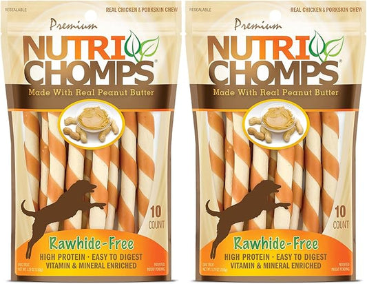 NutriChomps Dog Chews 5-inch Twists, Easy to Digest, Rawhide-Free Dog Treats, 10 Count, Real Peanut Butter Flavor, Bundle of 2, 20 Count, NT063V-2