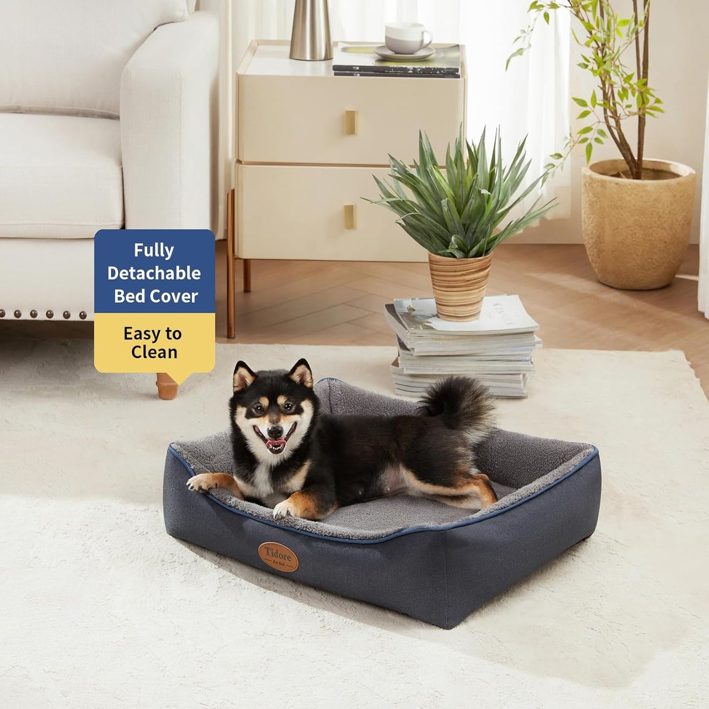 Orthopedic Dog Beds for Medium Dogs, Durable Egg Crate Foam Sofa Dog Bed wit Washable Removable Cover,Waterproof Lining,Pet Bed for Large Dogs (Navy Blue-Velvet, 26.4" L x 21.7" W x 6.2" Th)