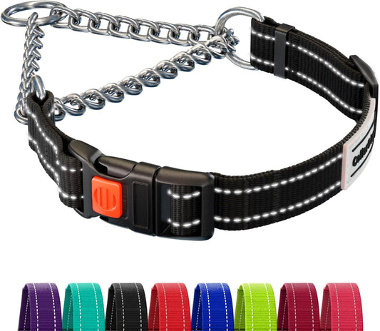 CollarDirect Martingale Dog Collar with Stainless Steel Chain and Quick Release Buckle - Reflective Collar for Large, Medium, Small Dogs - Black, Medium (Neck Size 14"-17")