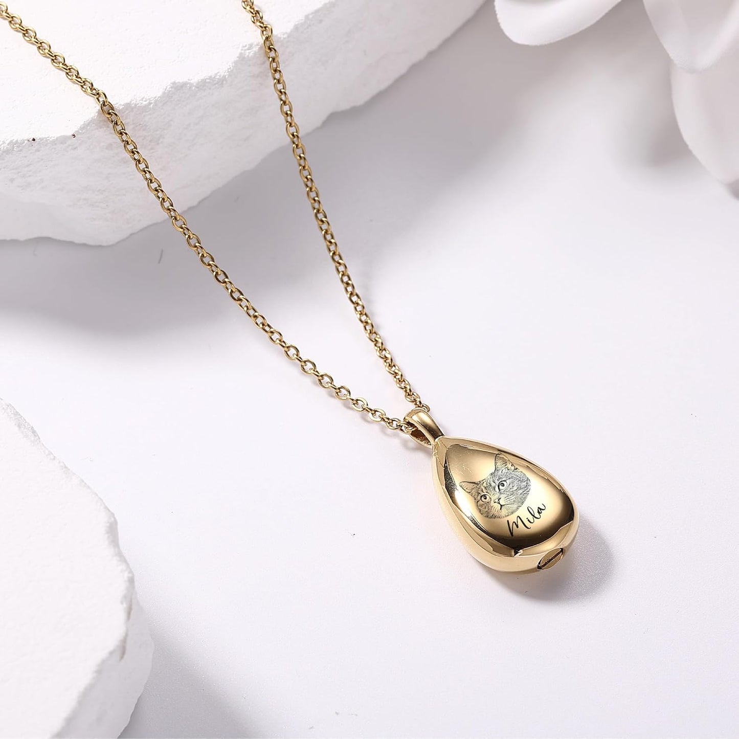 MMXX Personalized Pet Portrait Teardrop Urn Necklace with Name/Photo Stainless Steel Pendant - Cremation Jewelry for Pet Memorial Gifts - Funnel Kit Included