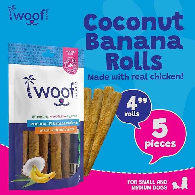 Coconut & Banana Pork Rolls - Healthy Natural Pork Treats - Rawhide Free Pet Chews - Long Lasting No Hide Chews for Small Medium Large Dogs - Raw Hide Free Puppy Chew Roll (1 Pack)