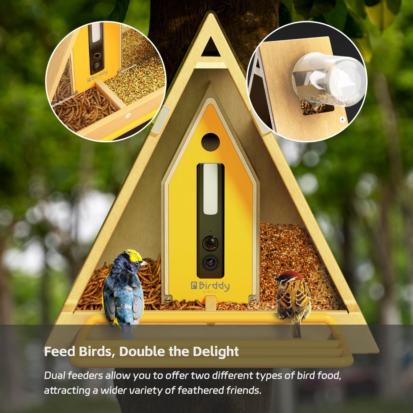 RELI Birddy Original Smart Bird Feeder with Camera Solar Powered, Durable Material GreenTough Feeder with Birds Watching Camera, AI Identify, Live View, Instant Notify, Ideal Gift for Bird Lovers