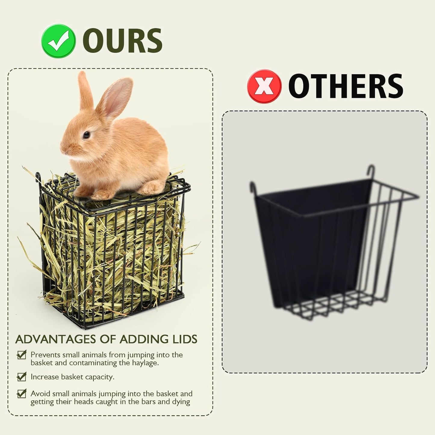 New Upgraded Rabbit Hay Feeder,Comes with Lid to Prevent Critters from Jumping in,Metal Frame Hay Rack with Adjustable Hook,for Rabbits Guinea Pigs Bunny Chinchillas Small Animals (Black)