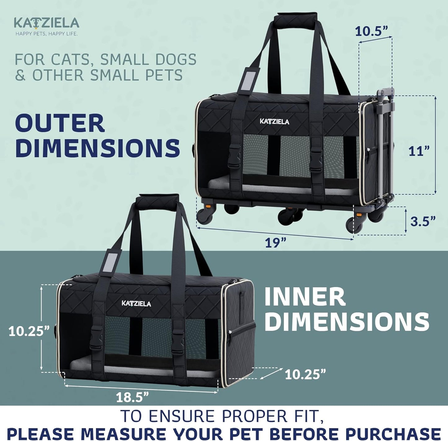 Pet Carrier Airline Approved - Dog Carrier with Wheels - TSA Airline Approved Dog Carrier - Rolling Pet Carrier with Wheels for Small to Medium Size Cat or Dog - Airplane Cabin Animal