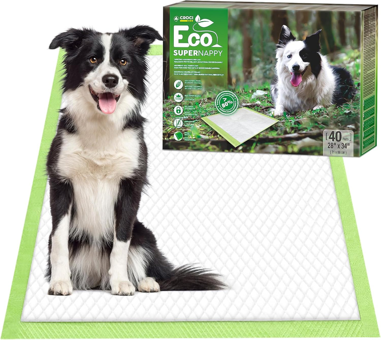 CROCI Puppy Pads 28x34in ECO Green Dog Pee Pads , Plant-Based Dogs Pads Absorbs Up to 7 Cups of Liquid, 5-Layer Leak-Proof & Quick Drying Pee Pads for Dogs, Disposable (40 Counts)