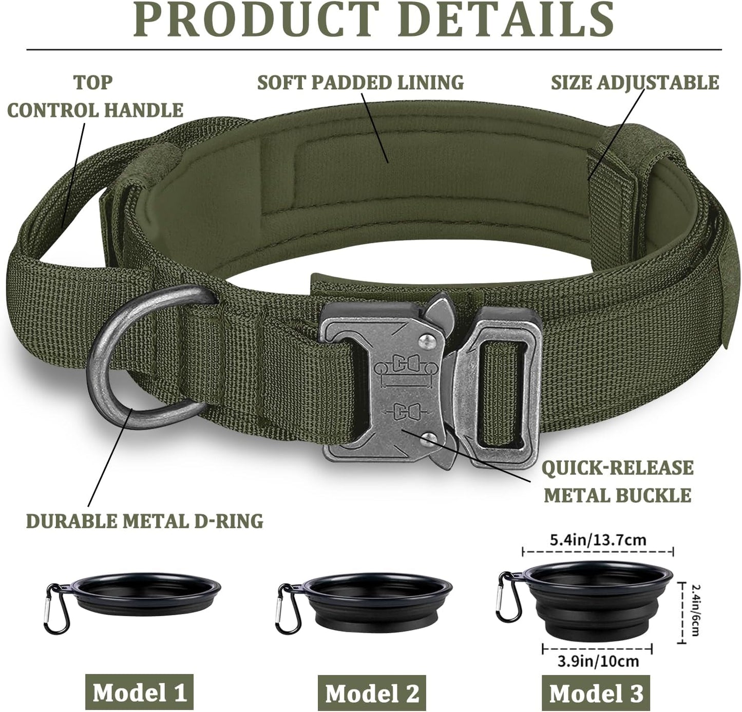 COOYOO Dog Collar,3 Piece Set Tactical Dog Collars, Adjustable Military Training Nylon Dog Collar with Control Handle and Heavy Metal Buckle for Medium and Large Dogs