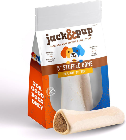Jack&Pup 5-6" Filled Dog Bones for Large Dogs, Flavored Dog Bone Long Lasting, Stuffed Shin Bones for Dogs, High Protein, Peanut Butter Flavor - 1 Pack