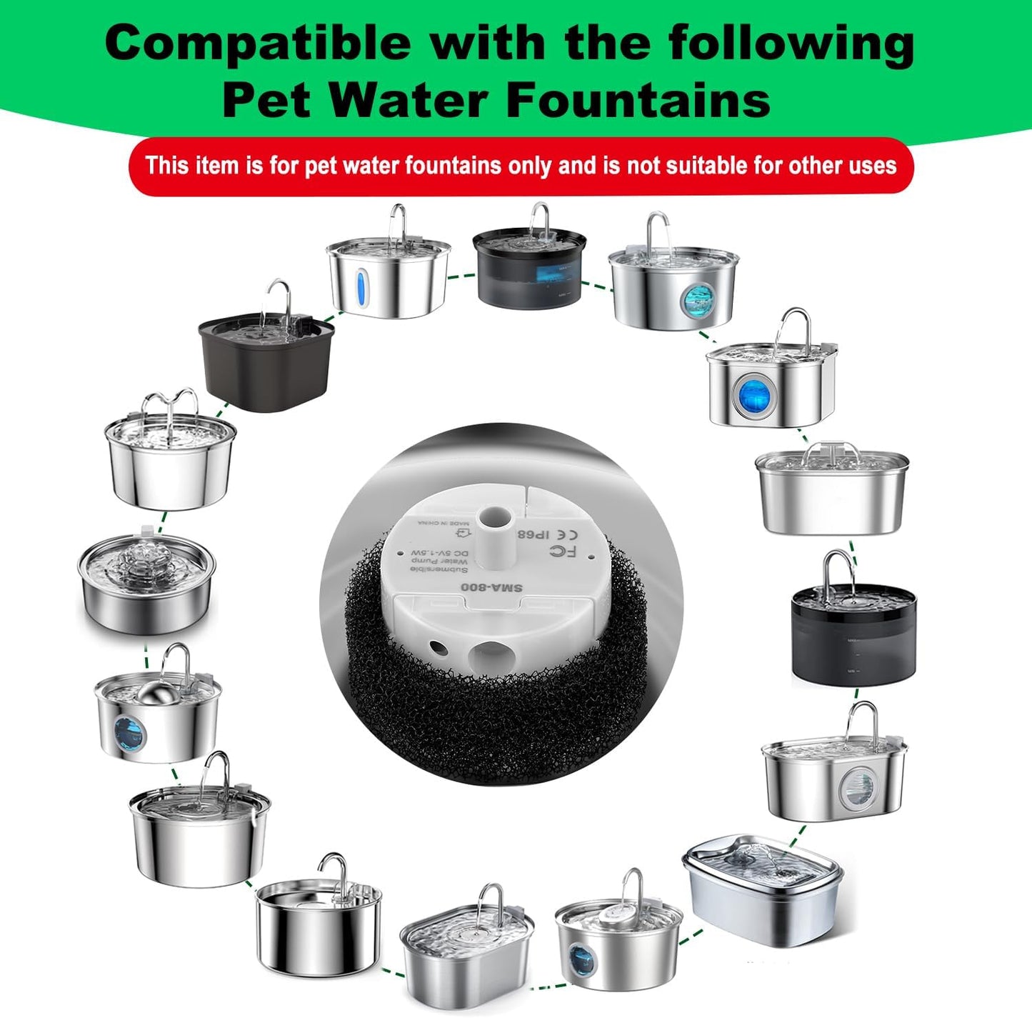 Cat Water Fountain Pump,Pet Water Fountains Pumps Replacement SMA-800 Submersible Motor,Cat Fountain Pump for Stainless Steel Cat Water Dispenser