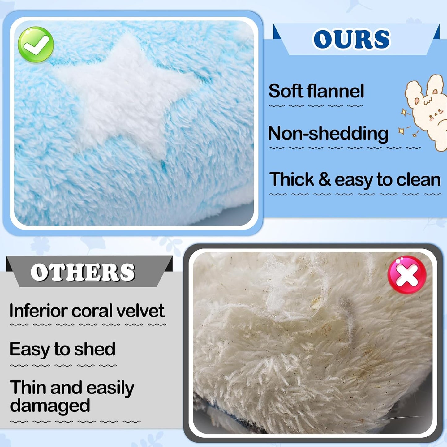 MEWTOGO 15.7 x 14In Rabbit Bed - Thickened Soft Bunny Concave Bed, Cuddle Cushion Plush Mat with Cotton Lounger Pillows for Cage Sleeping Indoor Bunny Gifts, Light Blue-Star