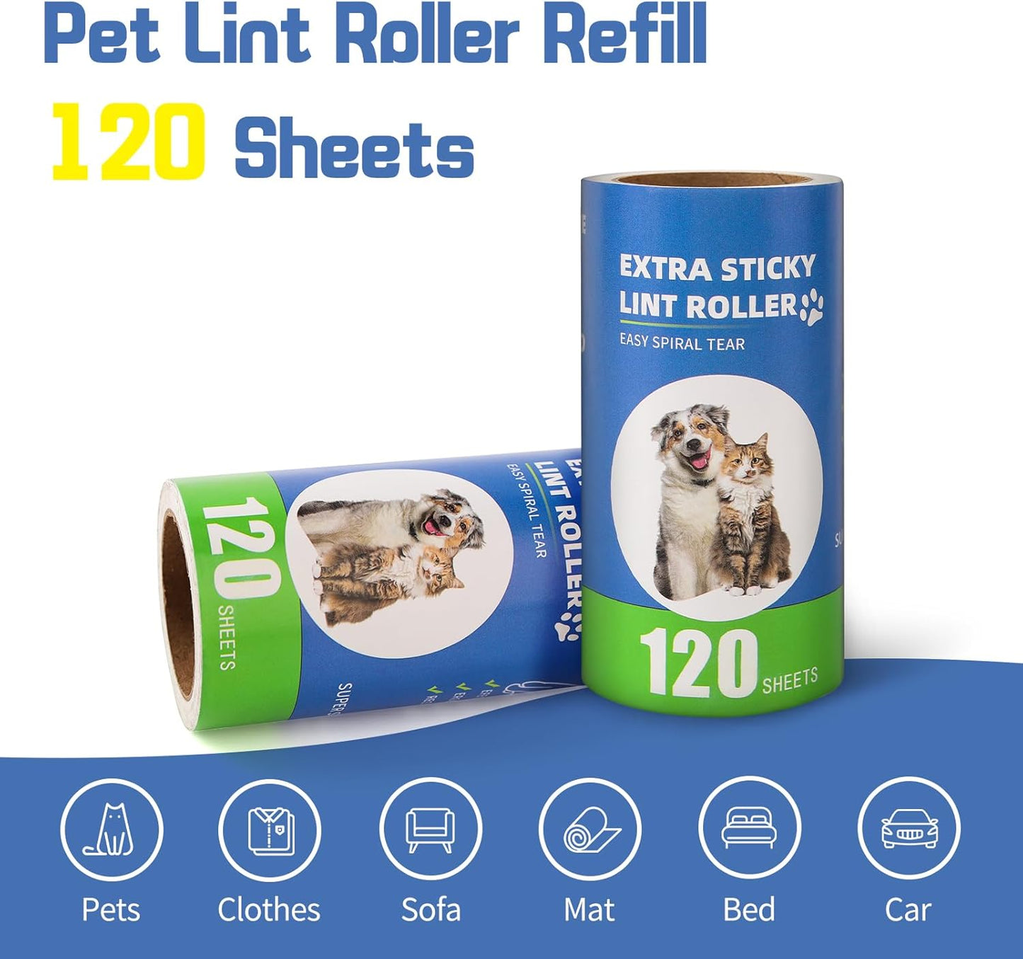 Extra Sticky Lint Roller Refills 6 Pack (720 Sheets) fit 3.8"-4" Standard Size Lint Roller Sticker with Inner Diameter at 1.5" for Pet Hair, Clothes, Furniture, Cars, No Handle Included