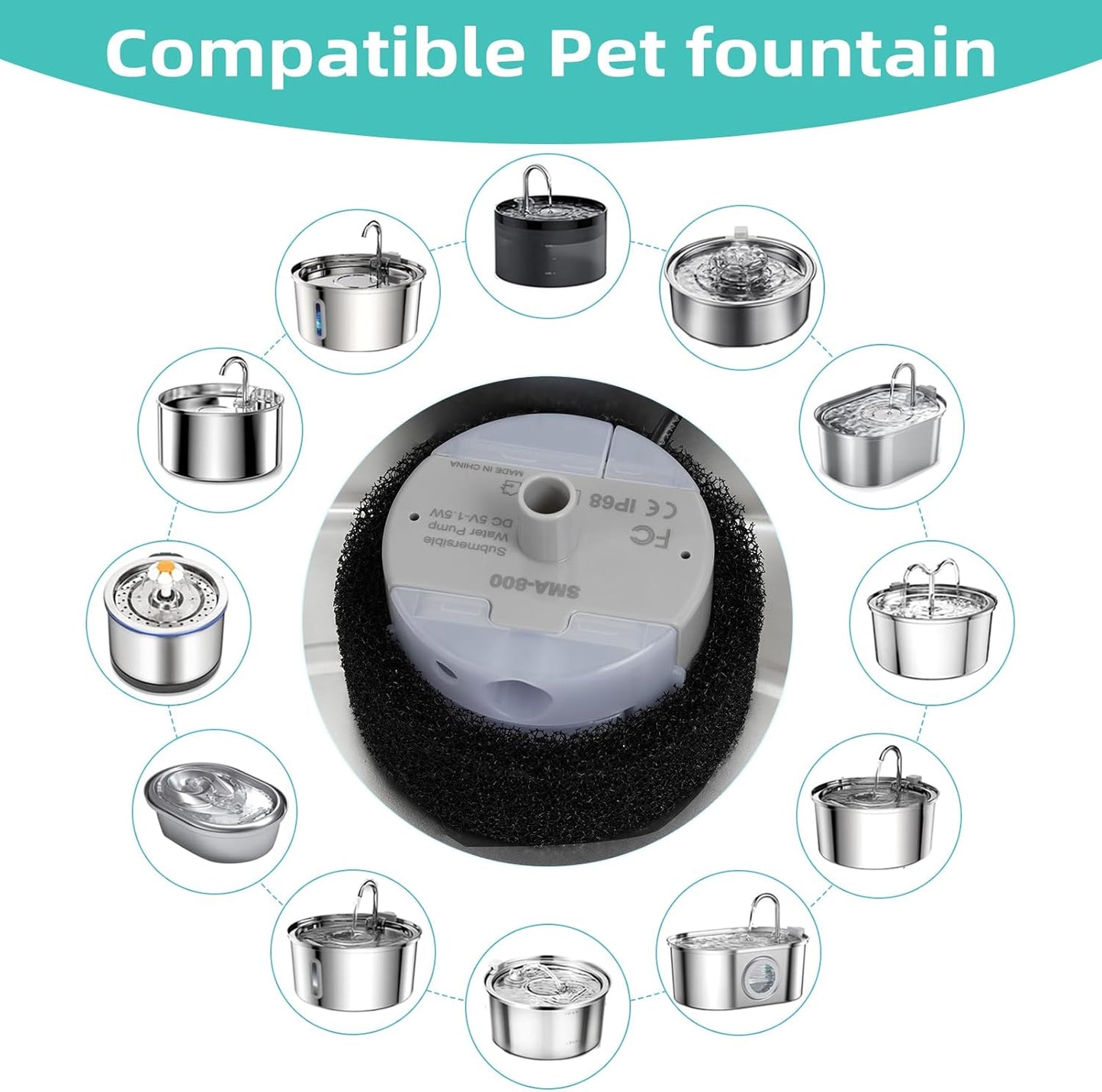 Ultra-Quiet Replacement Pump for Stainless Steel Cat Water Fountains - SMA-800 Motor - Safe and Easy to Clean with Low Voltage DC 5V and USB Cable (Side Suction Pump)