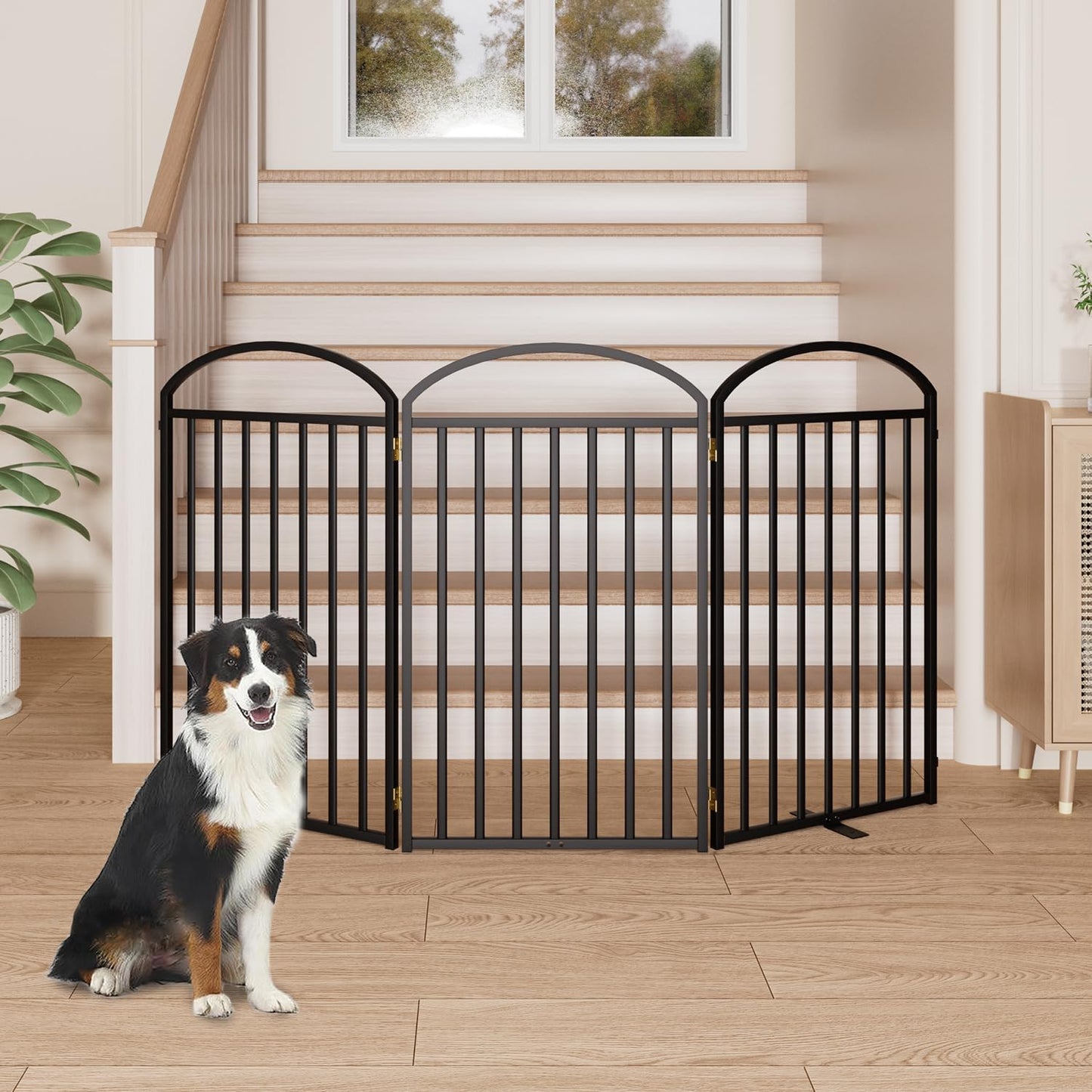 3 Panles Full Matel Freestanding Dog Gates with Door, 72"Extra Wide 36"Tall Free Standing Dog Pet Gate for Indoor & Outdoor. Foldable Pet Fences for Doorways, House, Stairs, Porch, Deck, Yard