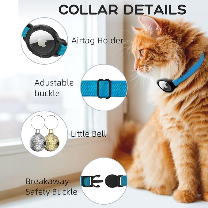 AirTag Cat Collars, Stretchy Collar with Apple AirTag Holder and Bell, Breakaway Ultra Design Elastic GPS Tracking Collars for Cats and Puppies, (7.5-12.5 Inch), Sapphire Blue