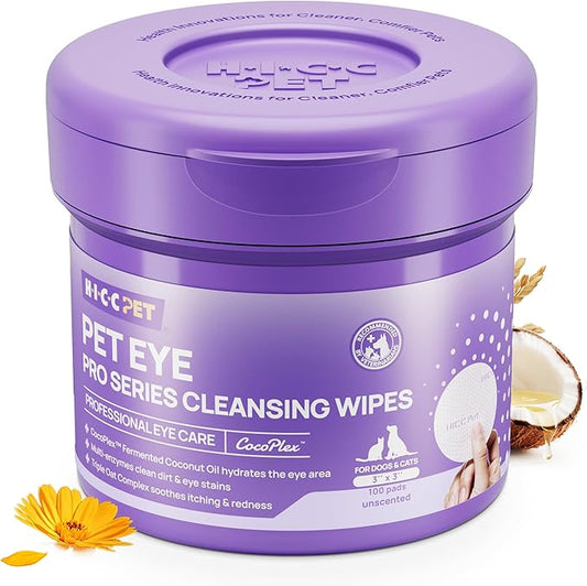 HICC PET Eyes Wipes for Dogs and Cats, Vet-Recommended Pet Eye Wipes Hypoallergenic with Fermented Coconut Oil, Pet Tear Stain Cleaner, Remove Debris, Discharge, Crust and Gunk, Unscented, 100ct