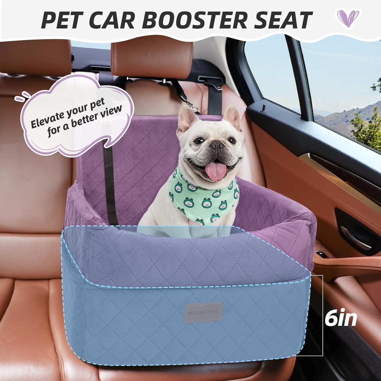 Small Dog Car Seat, Memory Foam Dog Booster Seats with Thick Cushion for Medium Dogs Under 35lbs, Detachable Washable Pet Car Seat Bed with Storage Pockets,2 Safety Belts Purple
