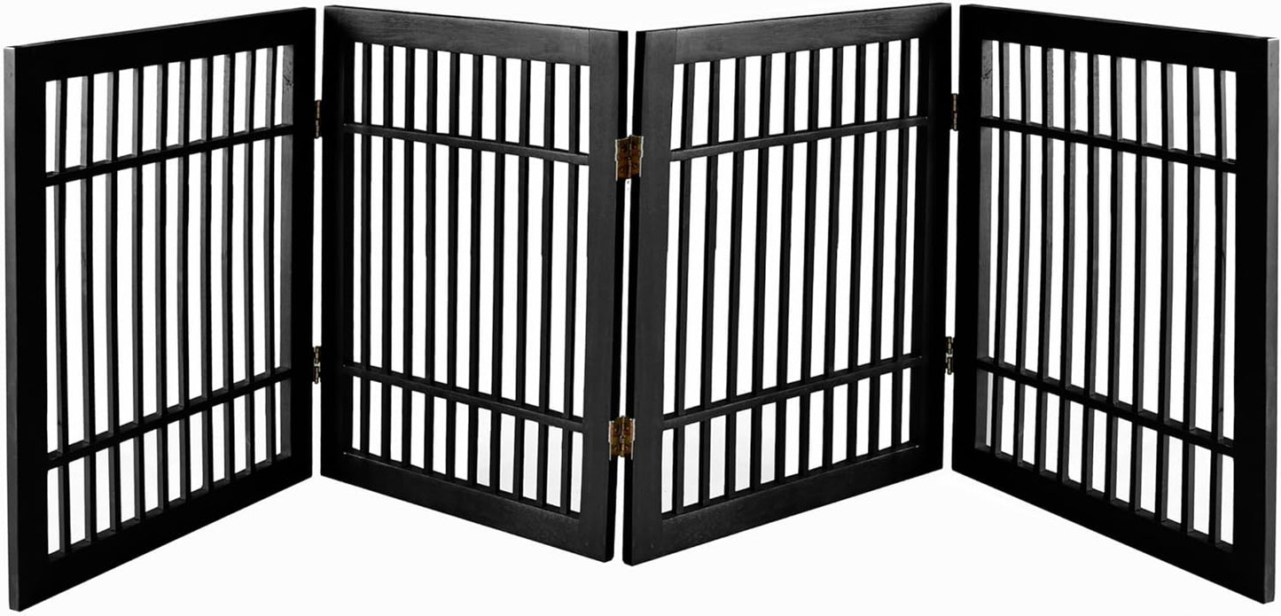 Pet Dog Gate Strong and Durable Freestanding Folding Acacia Hardwood Portable Wooden Fence Indoors or Outdoors by Urnporium (Black Pet Gate, 4 Panel 24" Tall)