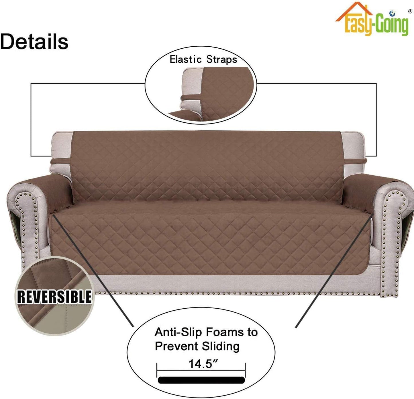 Easy-Going 4 Seater Sofa Slipcover Reversible Sofa Cover Water Resistant Couch Cover with Foam Sticks Elastic Straps Furniture Protector for Pets Children Dog Cat (XX-Large, Brown/Beige)