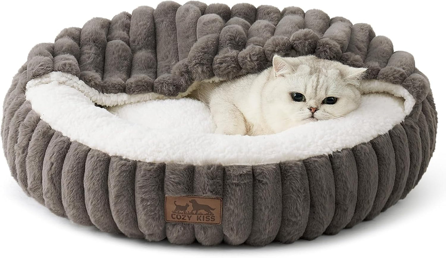 Cat Bed with Hooded Blanket, Round Fluffy Anti-Anxiety Pet Bed for Cats/Toy Breed Dogs, Cozy Donut Cuddler with Machine Washable Faux Fur & Anti-Slip Bottom(20"×20"×6",Grey)