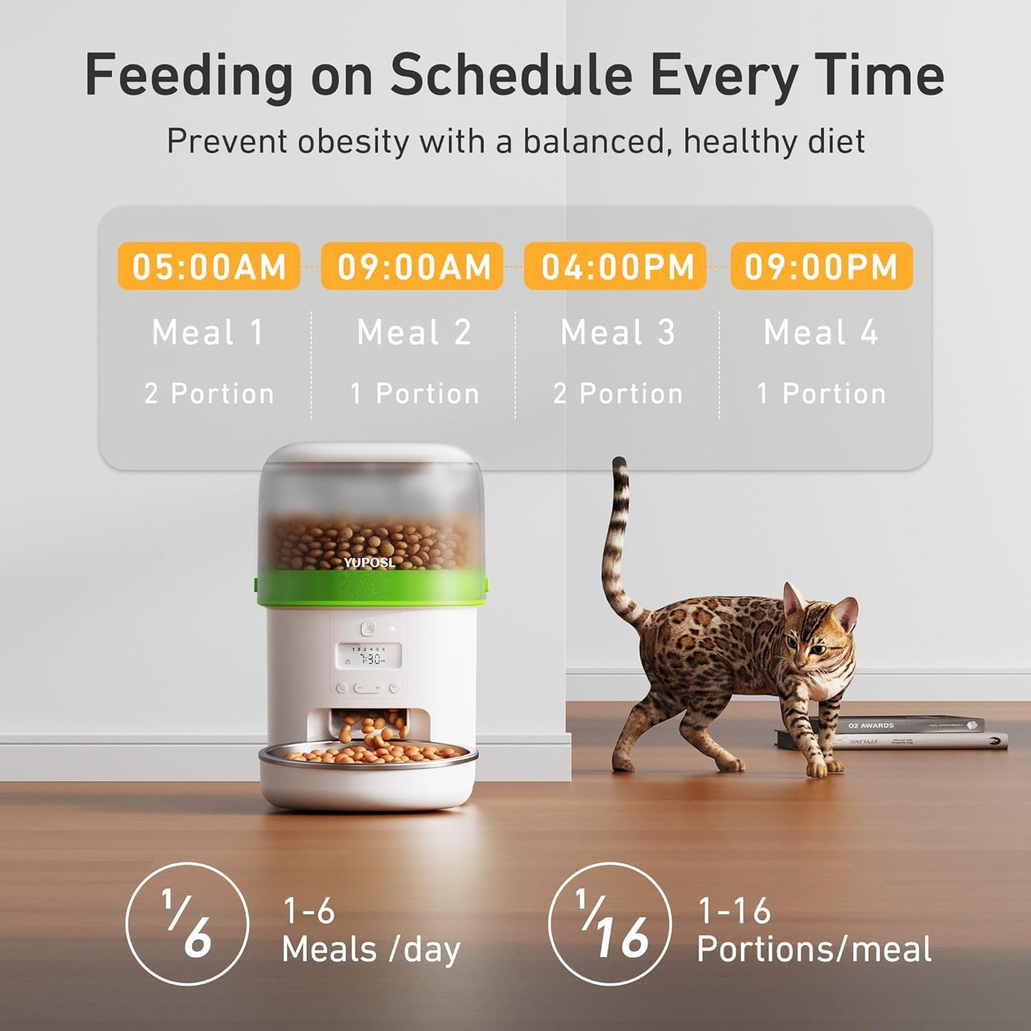 Automatic Cat Feeder - 2L Cat Food Dispenser, Timed Auto Pet Feeder with 180-day Battery Life, 1-6 Meals Per Day, 1-16 Portion, Desiccant Bag Keeps Dry Food Fresh, Also for Small Dogs