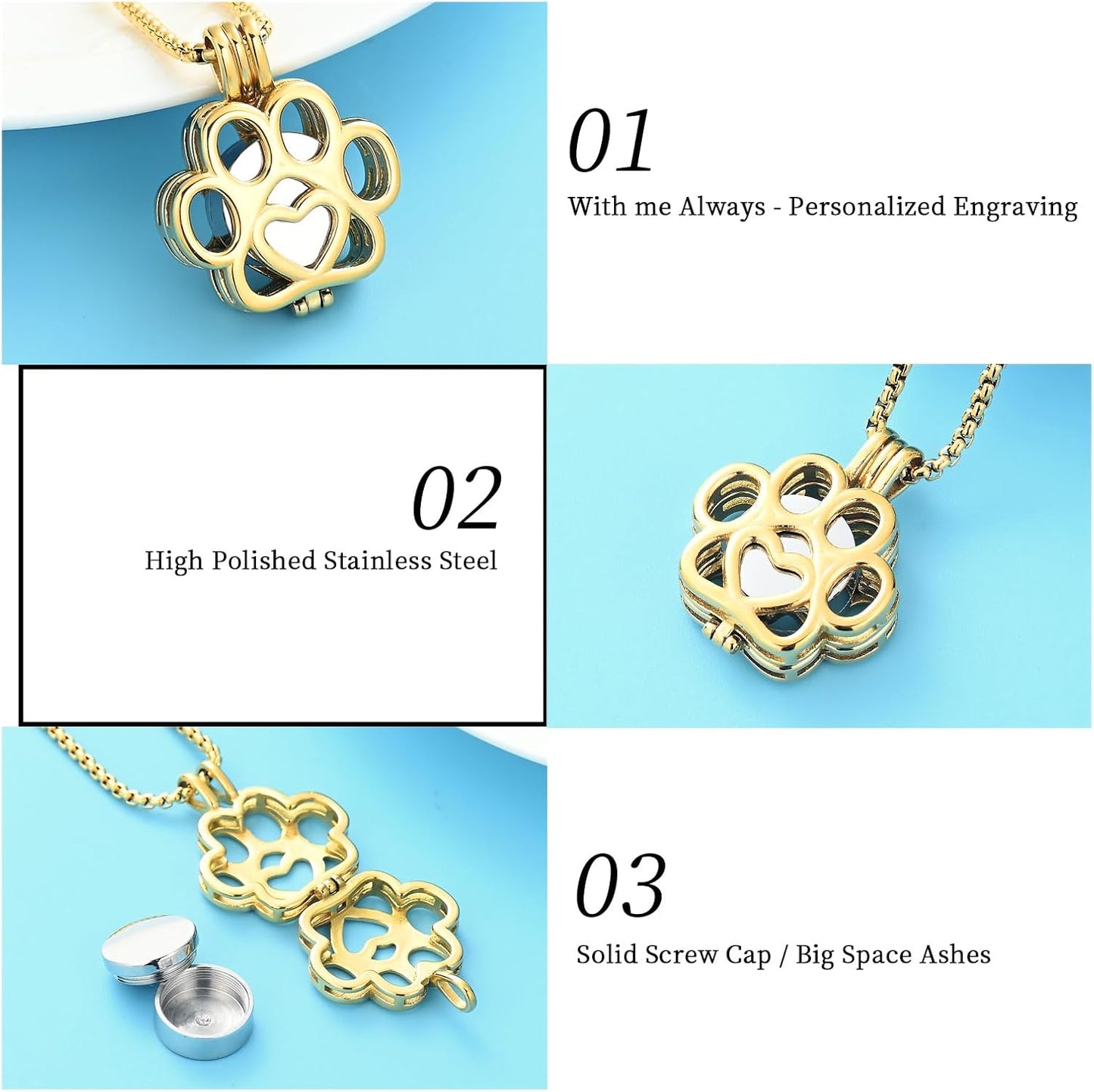 Oinsi Pet Cremation Jewelry For Ashes For Dog/Cat Paw Stainless Steel Memorial Locket Urn Necklace Inside Mini Case Keepsake Cremation Jewelry Women Men