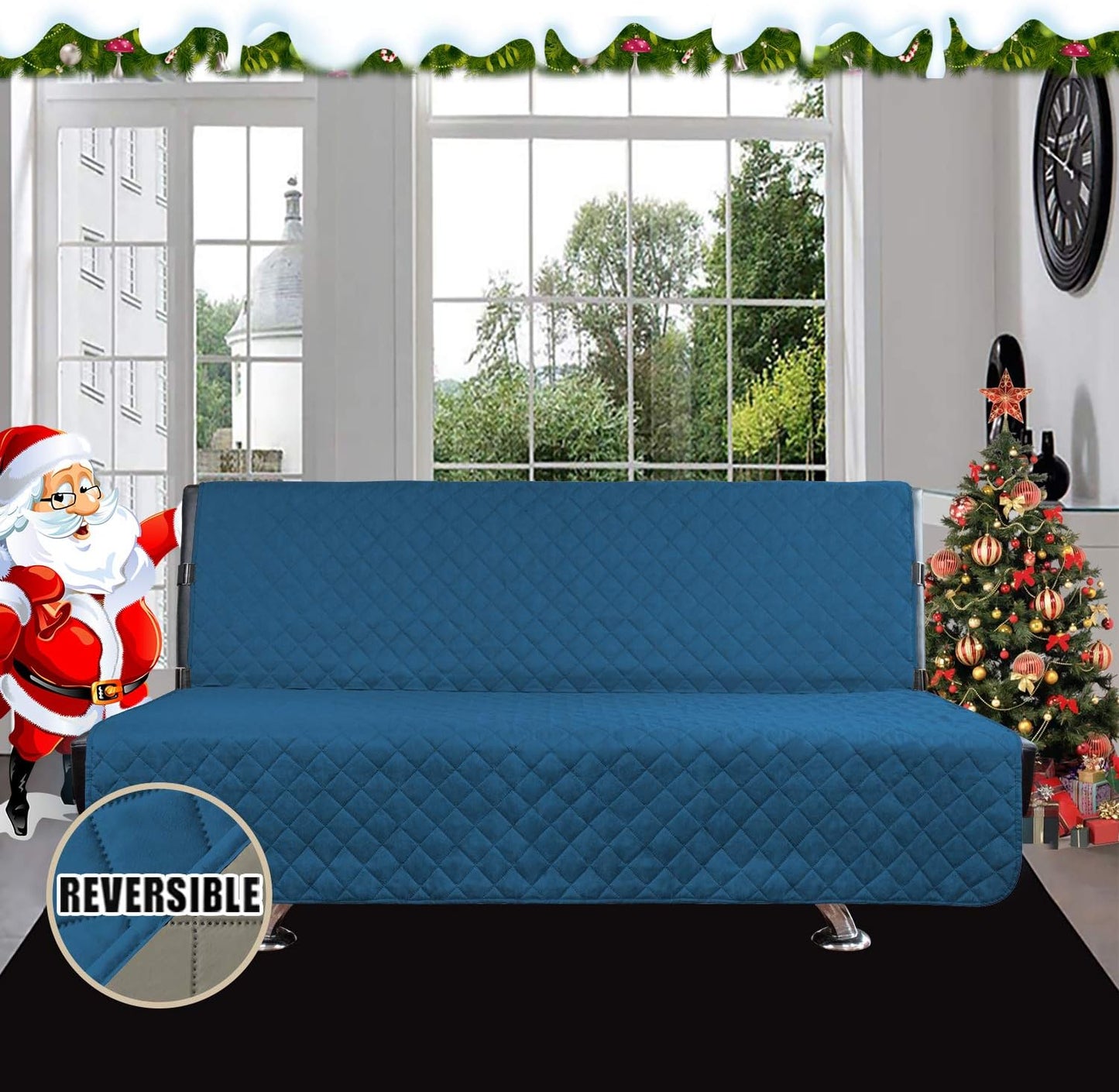 Easy-Going Futon Sofa Slipcover Reversible Sofa Cover Armless Futon Cover Furniture Protector Couch Cover Water Resistant Pets, Kids, Children, Dog, Cat (Futon, PeacockBlue/Beige)