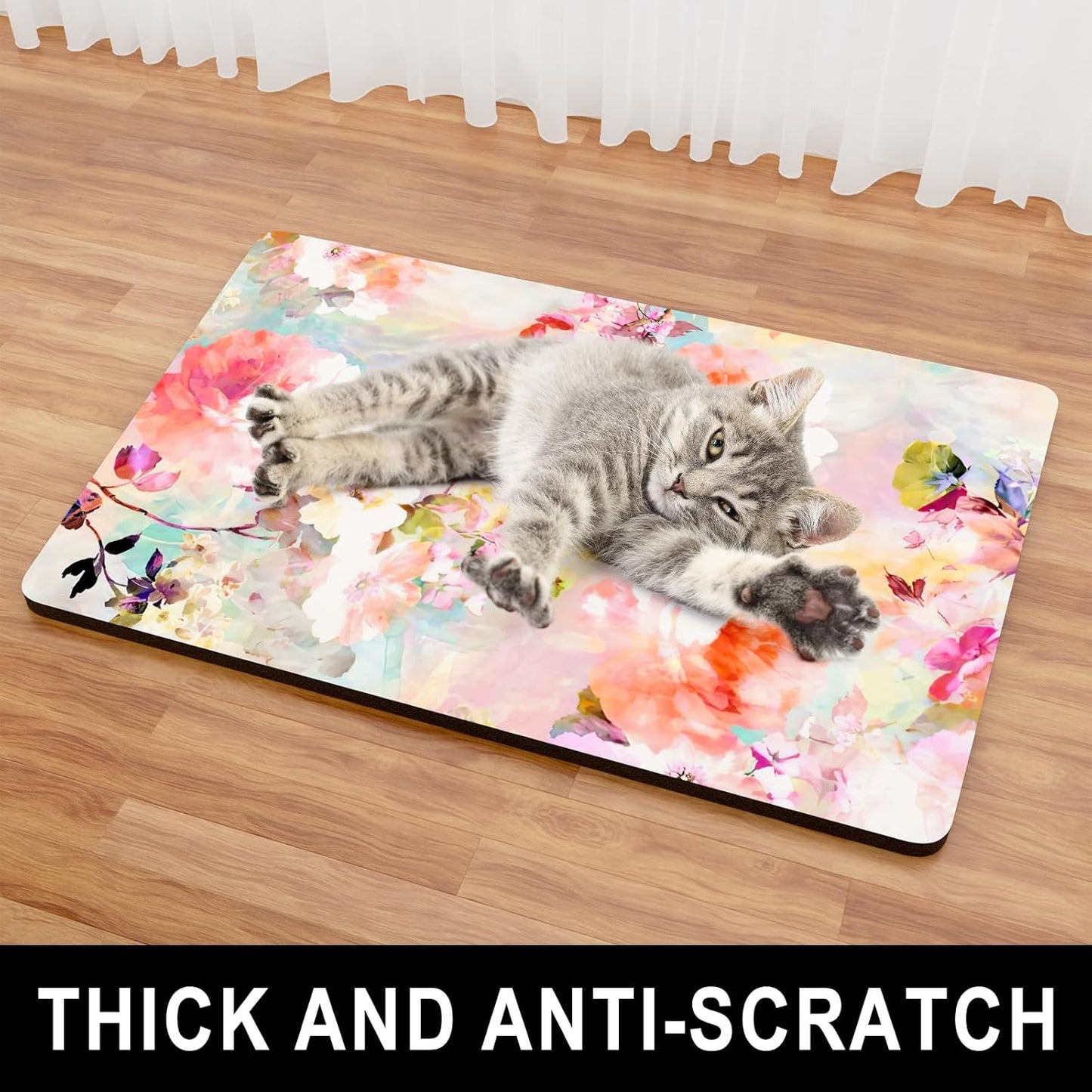 Dog Food Mat, 12" x 19" Flower Absorbent Dog Cat Bowl Mat for Food and Water, Cute Anti-Slip Rubber Pet Feeding Rug Protect Floors, Placemat for Feeding & Watering Supplies, Pink