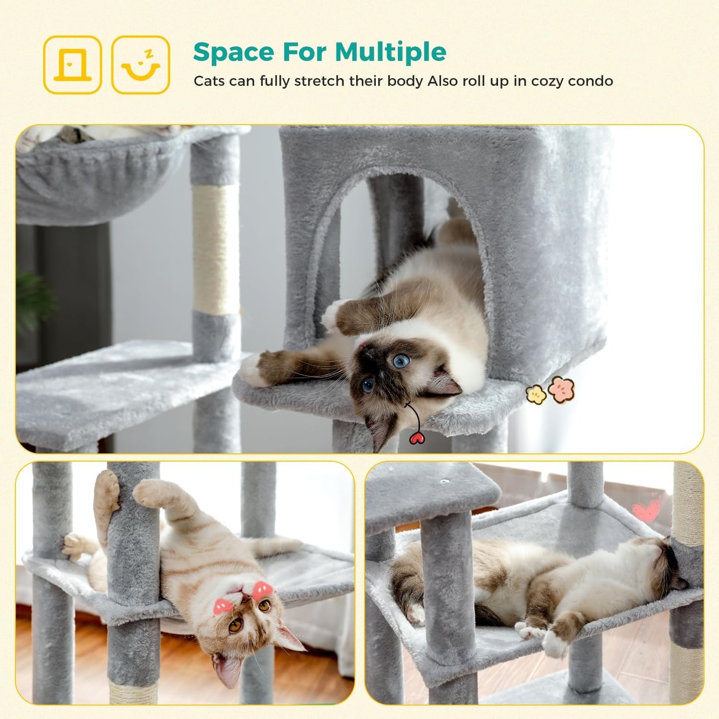 PAWZ Road Cat Tree, 56 Inches Tower Condo with Large Top Perch & Hammock, Cat Tower with Scratching Posts for Indoor Cats，Gray