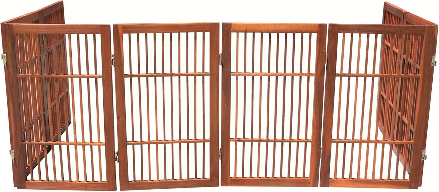 Pet Dog Gate Strong and Durable Freestanding Folding Acacia Hardwood Portable Wooden Fence Indoors or Outdoors by Urnporium (Brown Pet Gate, 8 Panel 30" Tall)