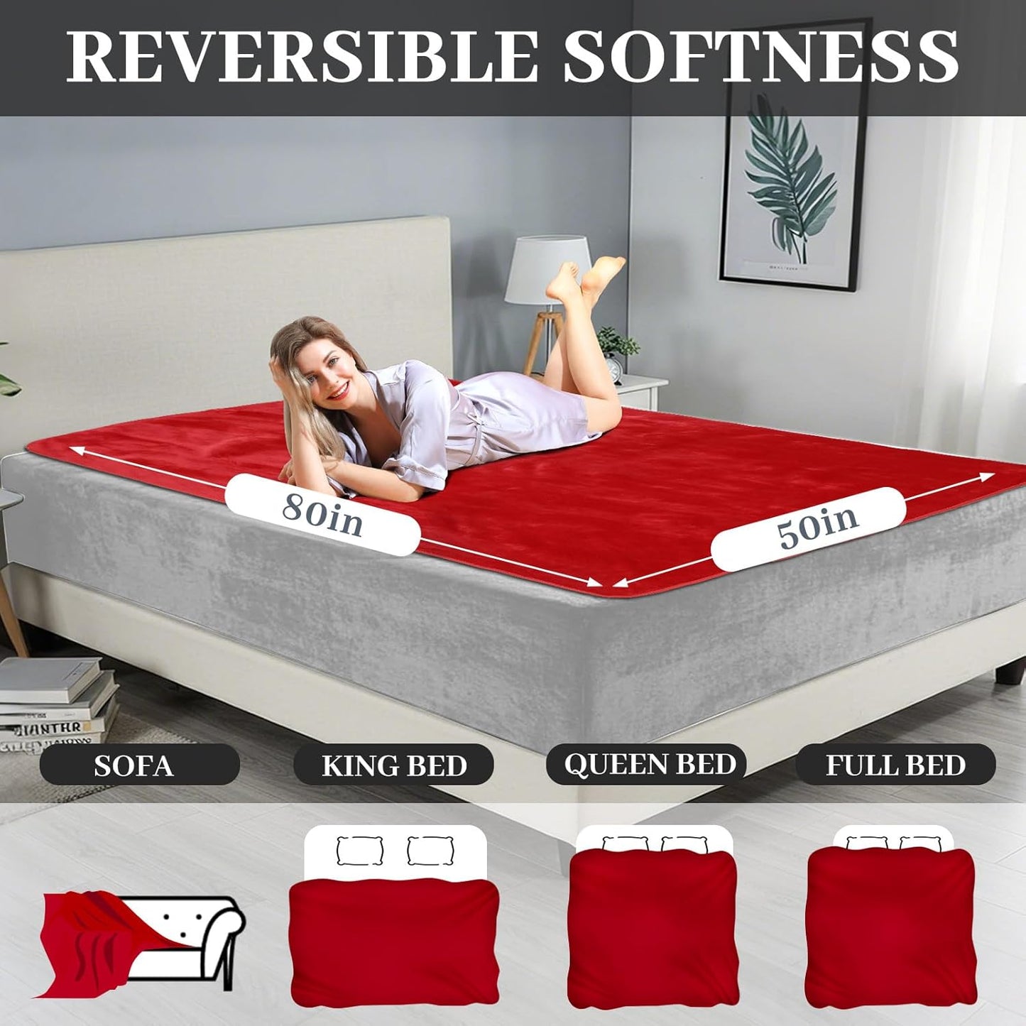 Love Red Waterproof Bed Blanket, Throw Size XL 50'' x 80'' Double Side Leakproof Reversible Sherpa Flannel Fleece 3 Layer Lightweight Blanket, Absorbs 44oz