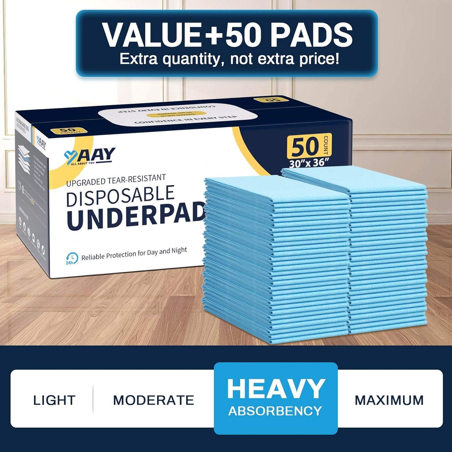 AAY Disposable Bed Pads 30"X36" (50pcs) Tear-Resistant Cloth Backing Underpads Super Absorbent Pee Pads Extra Large Premium Chucks for Adults Incontinence Pads Waterproof for Elderly, Kids or Puppy